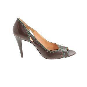 Sergio Rossi Heels Pumps 11 Leather Peep Toe Embroidered Cut Out Brown Turquoise